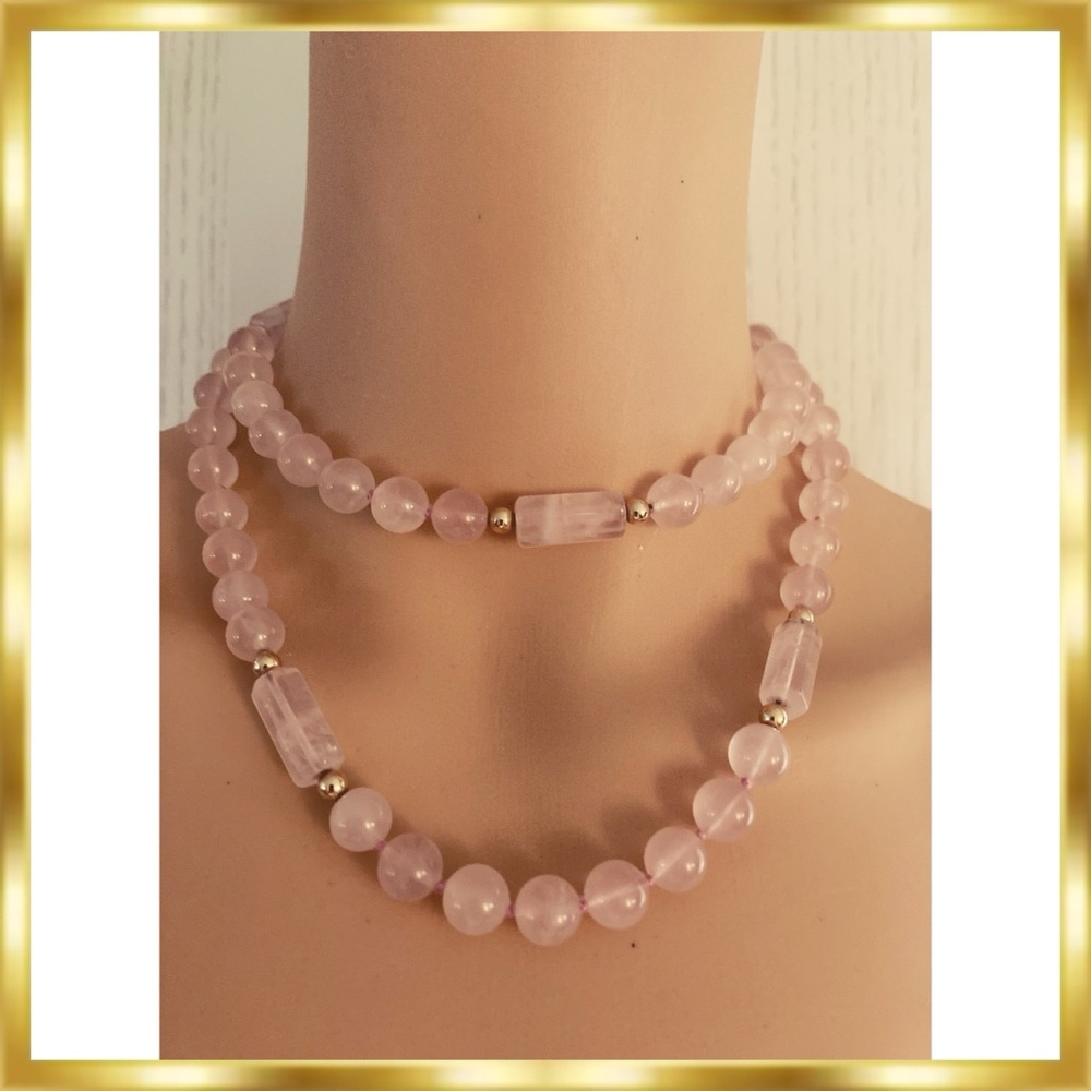 Vintage Pink Rose Quartz Stone Bead Strand Necklace 14K Gold Filled Spacer 32"
